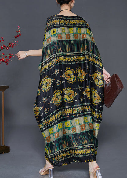 Black Oversized Print Silk Long Dresses Batwing Sleeve