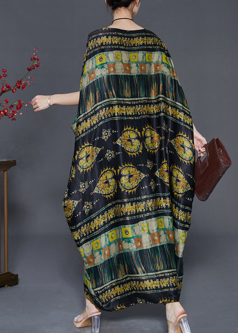Black Oversized Print Silk Long Dresses Batwing Sleeve