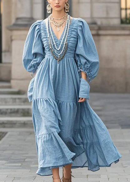French Blue V Neck Wrinkled Cotton Maxi Dresses Fall