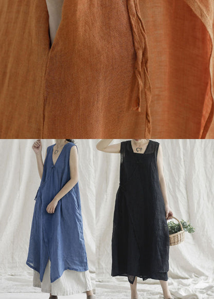 Orange Tie Waist Linen Holiday Dress Asymmetrical Sleeveless