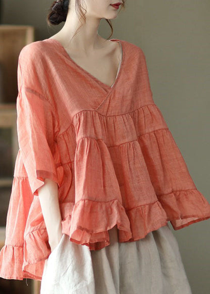 Orange Loose Linen Shirt Tops Half Sleeve