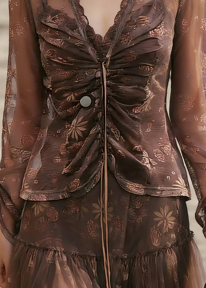 Coffee V Neck Cinched Tulle Shirt Spring