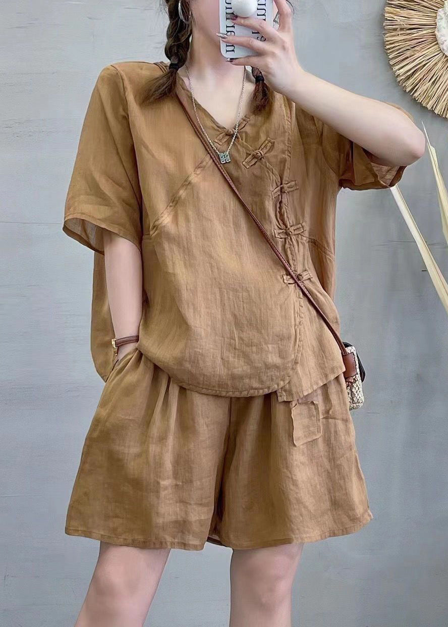 New Green V Neck Button Linen Two-piece Set Summer