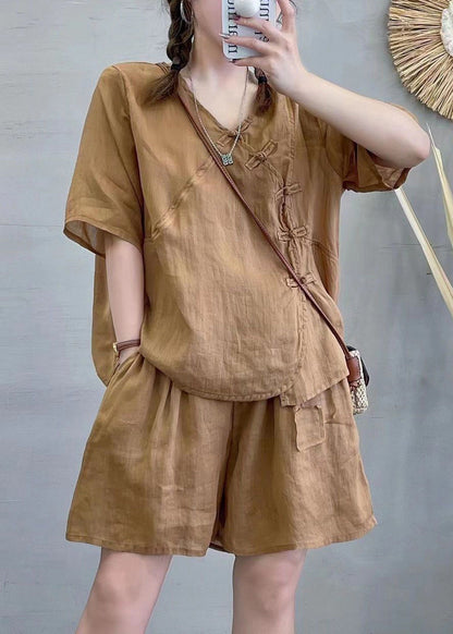 New Green V Neck Button Linen Two-piece Set Summer