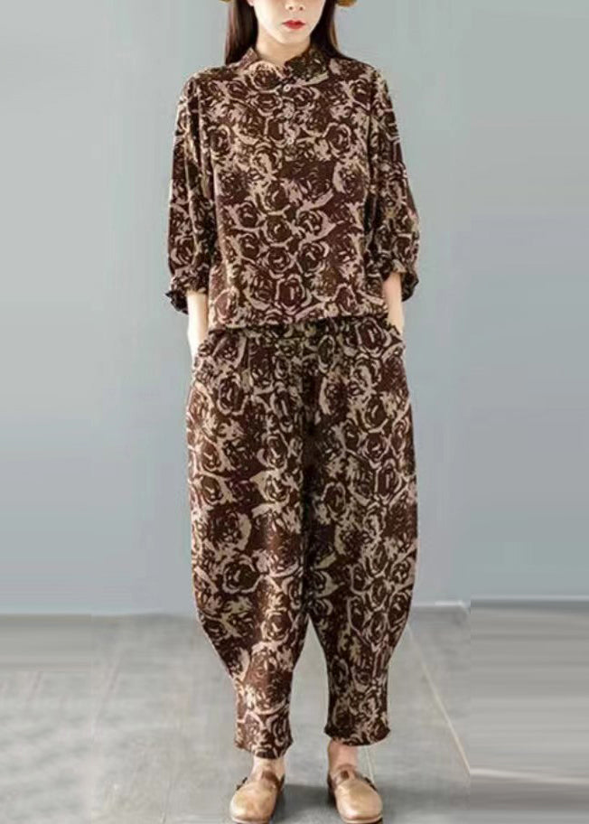 Brown O-neck Button Two Pieces Set Bracelet Sleeve