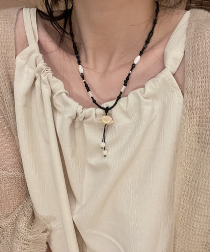 Handmade Black Lotus Beading Gem Stone Tassel Pendant Necklace
