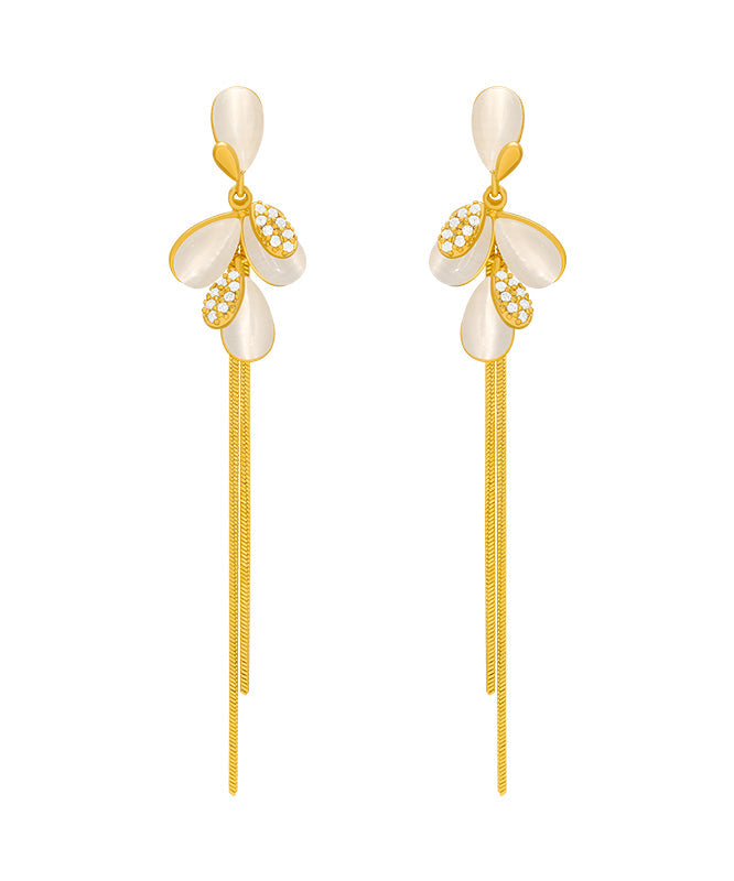 Gold Sterling Silver Alloy Cat's Eye Tassel Drop Earrings