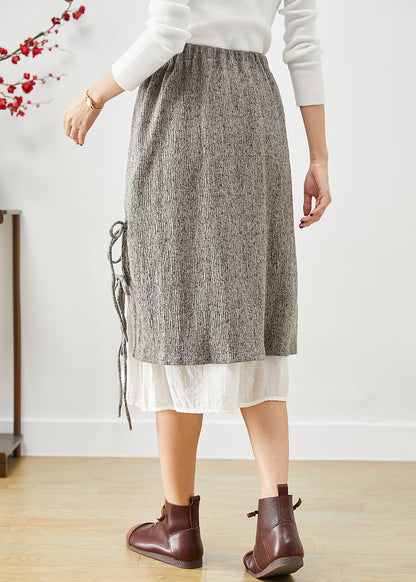 Grey Elastic Waist Patchwork Lace Up Cotton Fake Two Piece Skirt Fall