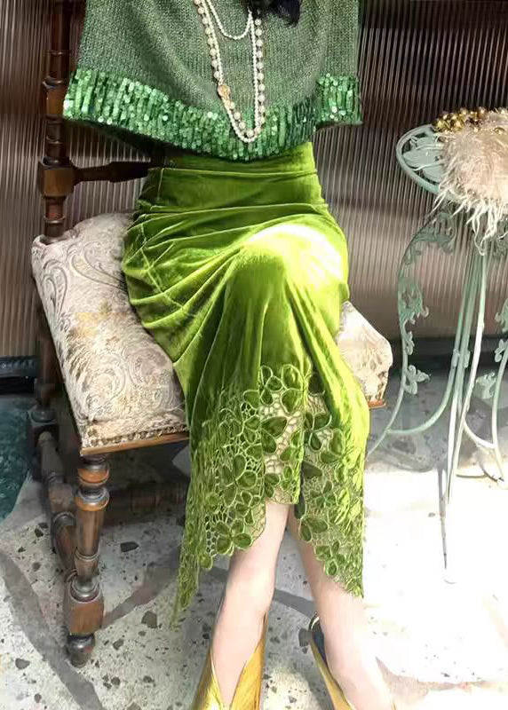Green Hollow Out Cotton Knit Sweaters and Maxi Skirts Two Piece Set Winter