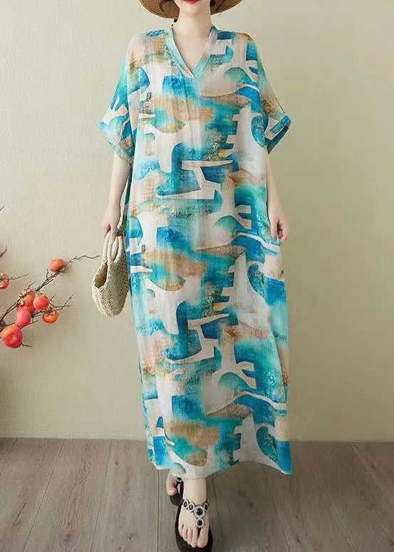 Blue Oversized Print Cotton Party Dress Summer