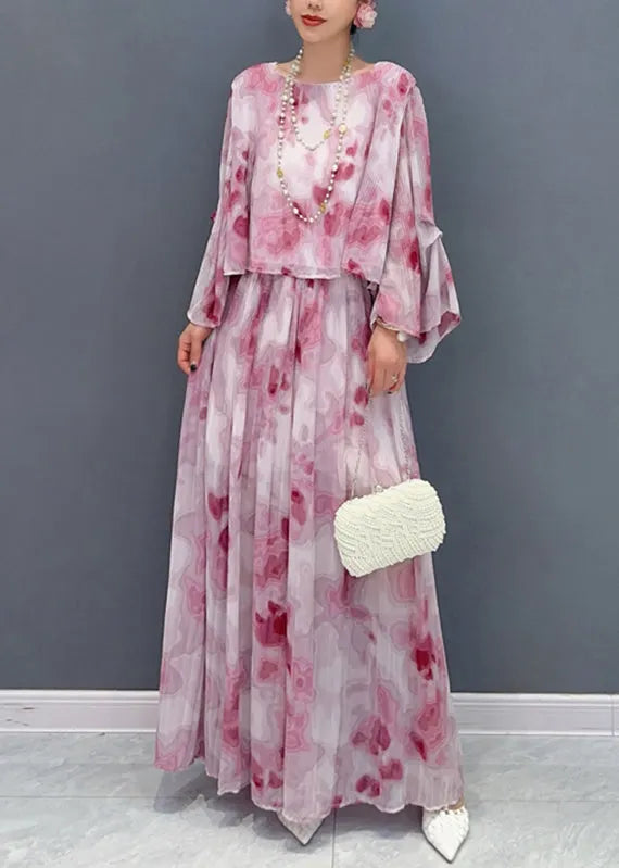 Red O-neck Chiffon Shirts and Maxi Skirts Two Pieces Set Fall