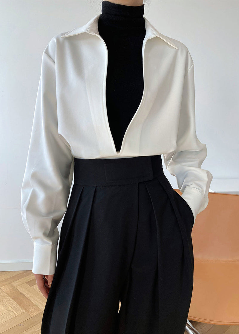 Simple White V Neck Cotton Shirts Top Long Sleeve Spring