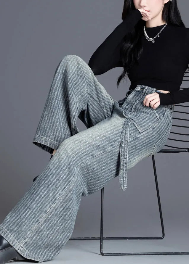 French Blue Pockets Jacquard Patchwork Denim Straight Spring