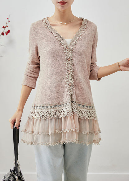 Light Purple V Neck Patchwork Ruffles Spandex Tops Fall