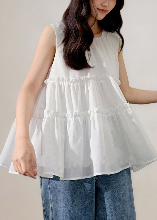 White O-neck Ruffled Cotton Tanks Sleeveless