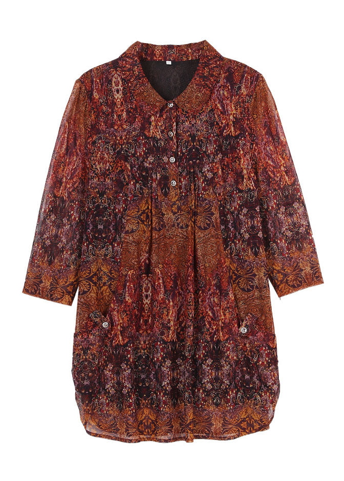 Brown Peter Pan Collar Print Button Silk Shirt Top Bracelet Sleeve