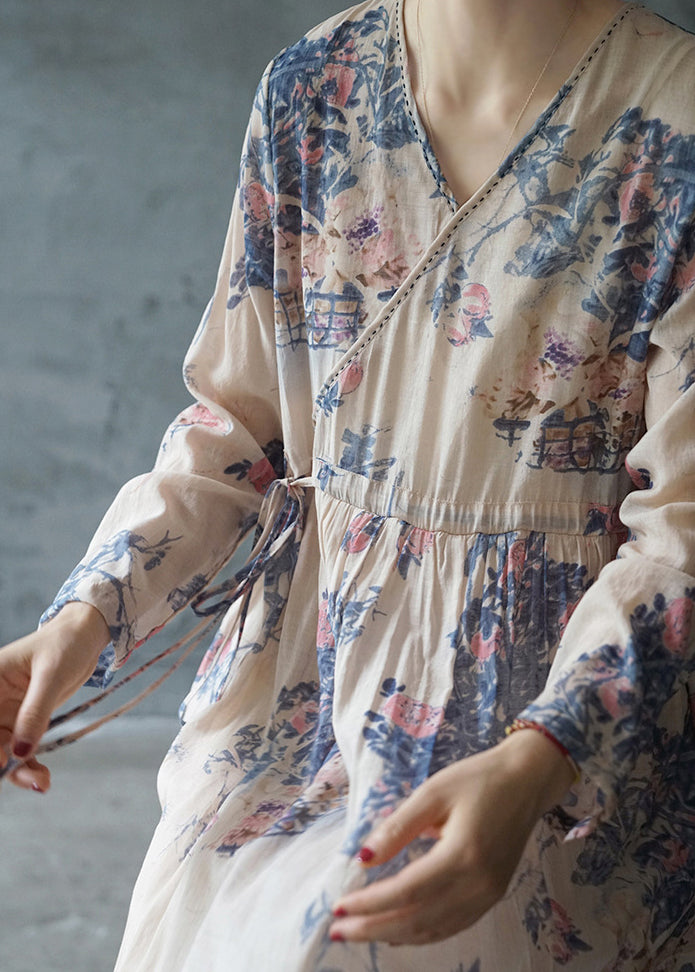 Blue Print Holiday Long Dress Tie Waist V Neck Long Sleeve
