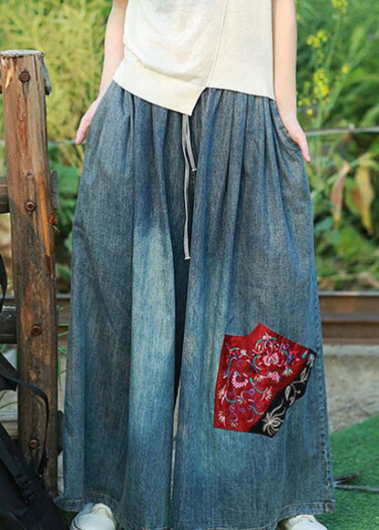 Blue Embroideried Pockets Elastic Waist Tie Waist Wide Leg Pants Summer