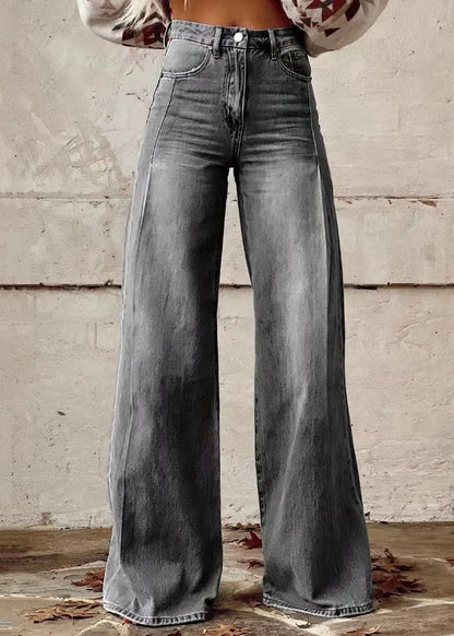Loose Light Blue Button Pockets High Waist Denim Wide Leg Pants Spring