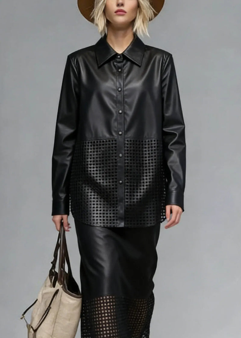 Black Peter Pan Collar Hollow Out Faux Leather Two Piece Set Spring