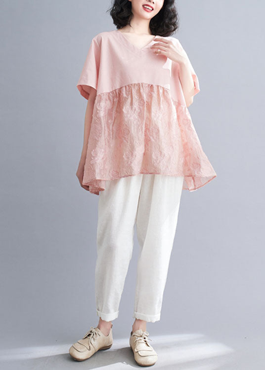 Pink V Neck Patchwork Jacquard Cotton Tank Tops Short Sleeve