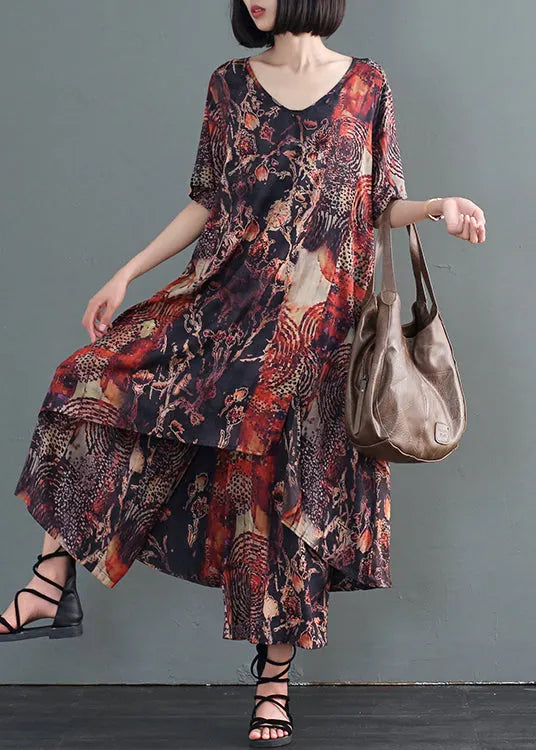 Coffee Print Low High Design Silk Holiday Dress and Pant Two Pieces Set Fall
