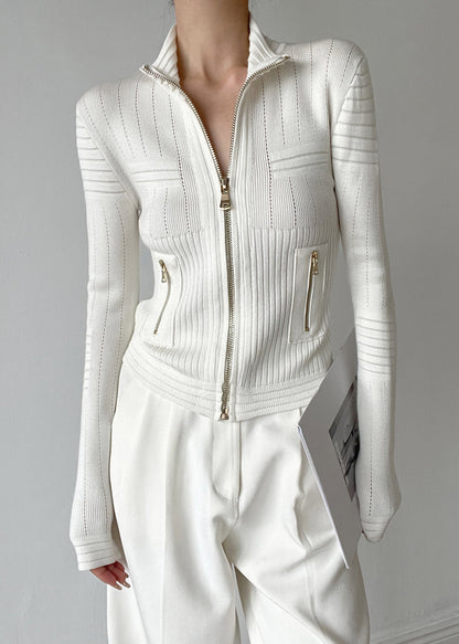 White Stand Collar Zip Up Patchwork Woolen Knit Cardigans Winter