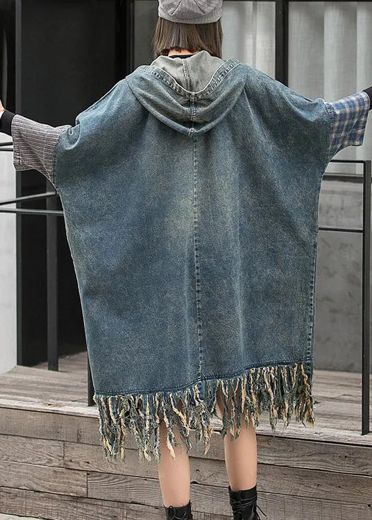 Blue Hooded Patchwork Tasseled Denim Dress Batwing Sleeve