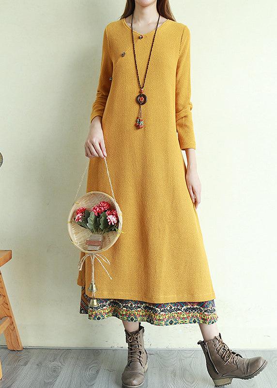 Yellow Button V Neck Patchwork Long Dresses Long Sleeve