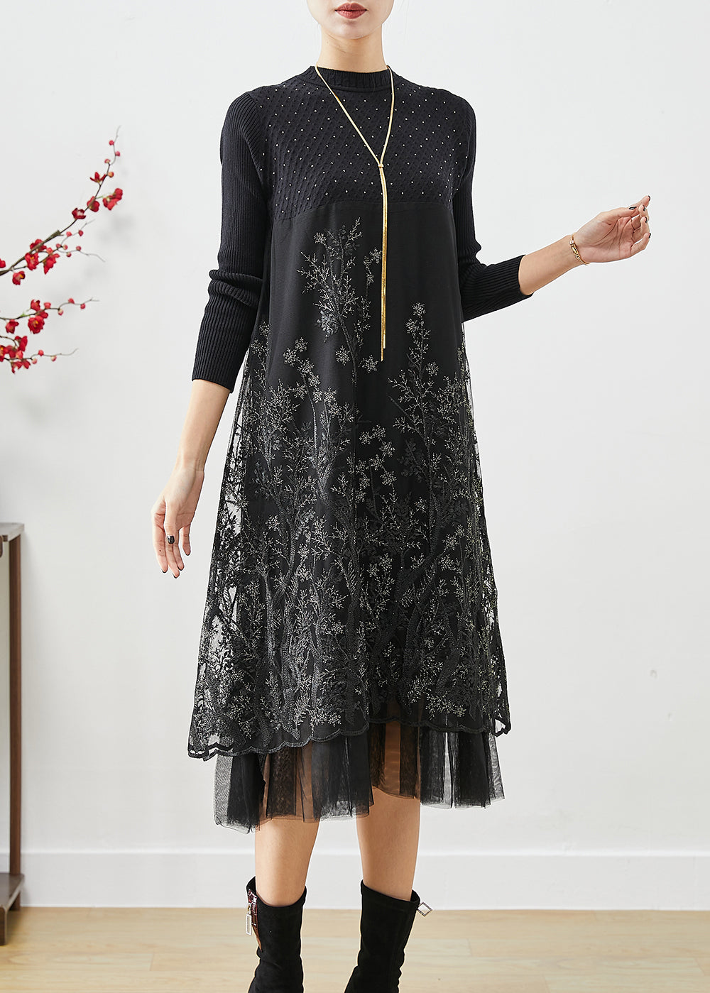 Black Embroideried Patchwork Knit Dresses Fall