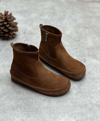 Chocolate Cowhide Leather Boots Zippered Ankle Boots