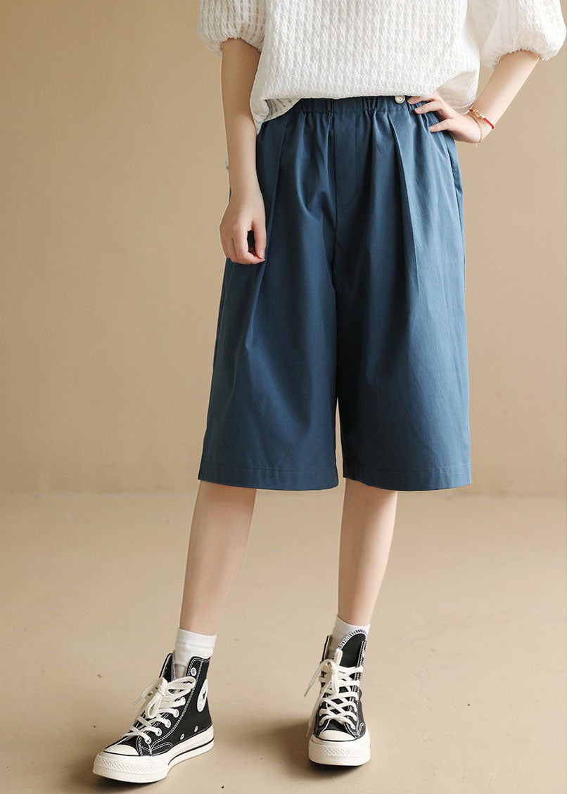 Blue Elastic Waist Pockets Cotton Shorts Summer