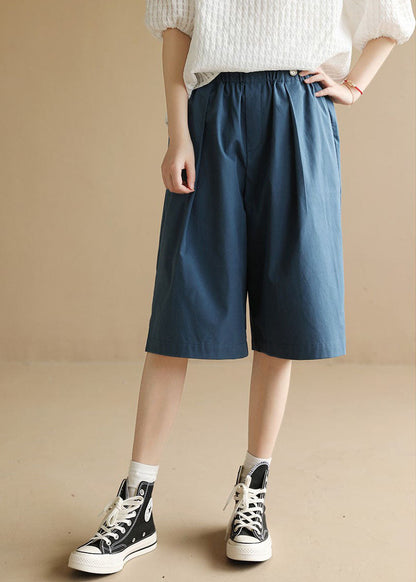 Blue Elastic Waist Pockets Cotton Shorts Summer