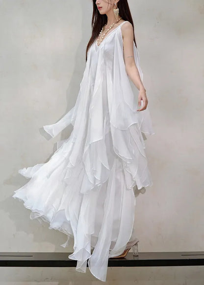 Italian White V Neck Layered Ruffled Silk Long Dresses Sleeveless