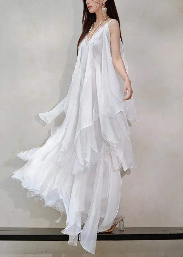 Italian White V Neck Layered Ruffled Silk Long Dresses Sleeveless