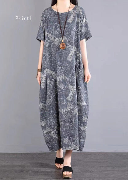 O Neck Print Pockets Patchwork Cotton Dress Summer
