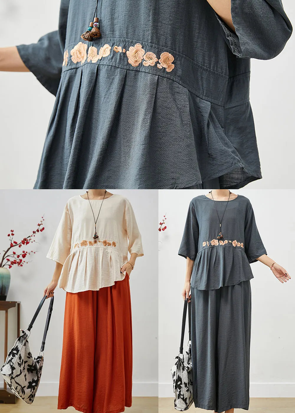 Blue Grey Cotton Two Piece Set Clothing Embroideried Fall