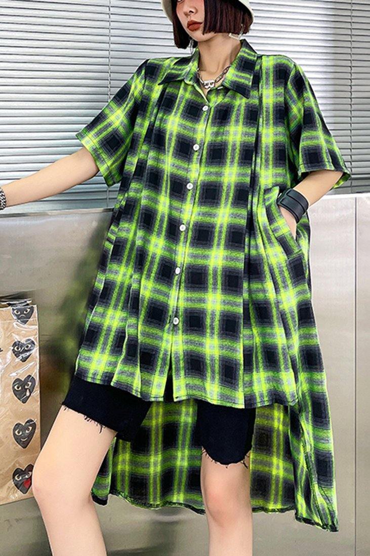 Green Plaid Cotton Buttonlow High Design Summer Maxi Dresses