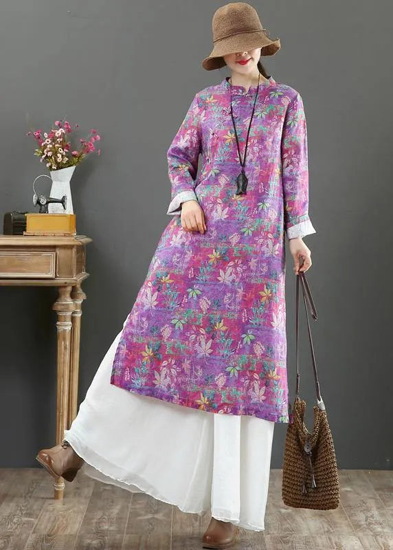 Stand Collar Chinese Button Spring Outfit Catwalk Purple Print Maxi Dresses