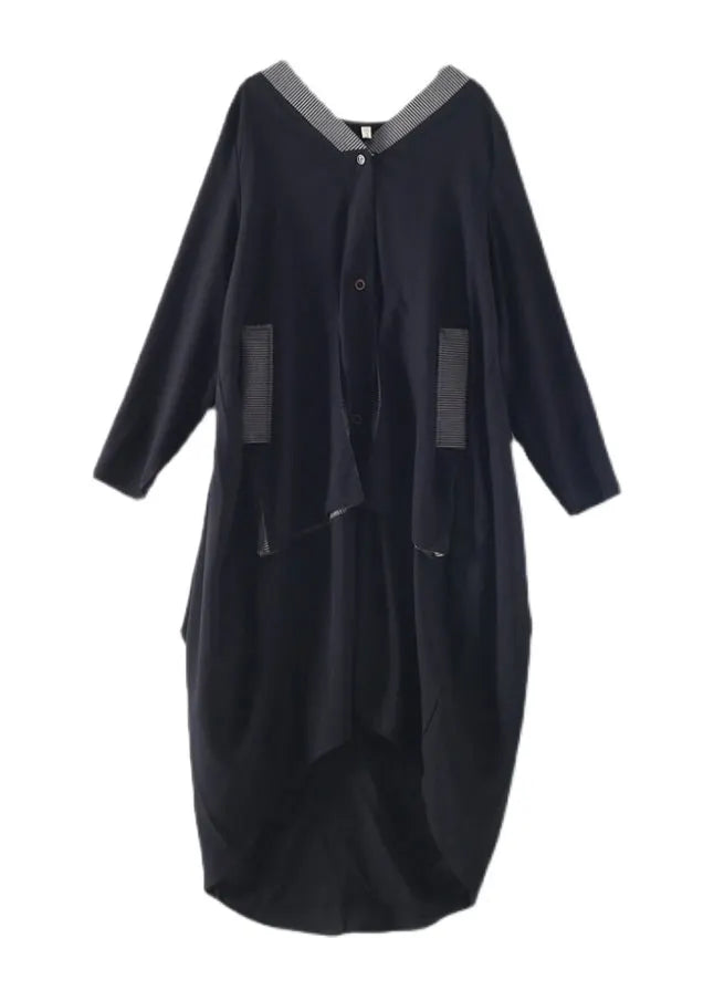 Black V Neck Asymmetrical Low High Design Button Maxi Dress Fall