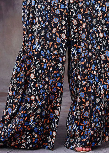 Black Patchwork Print Pockets Silk Overalls Jumpsuit Two Pieces Set Summer
