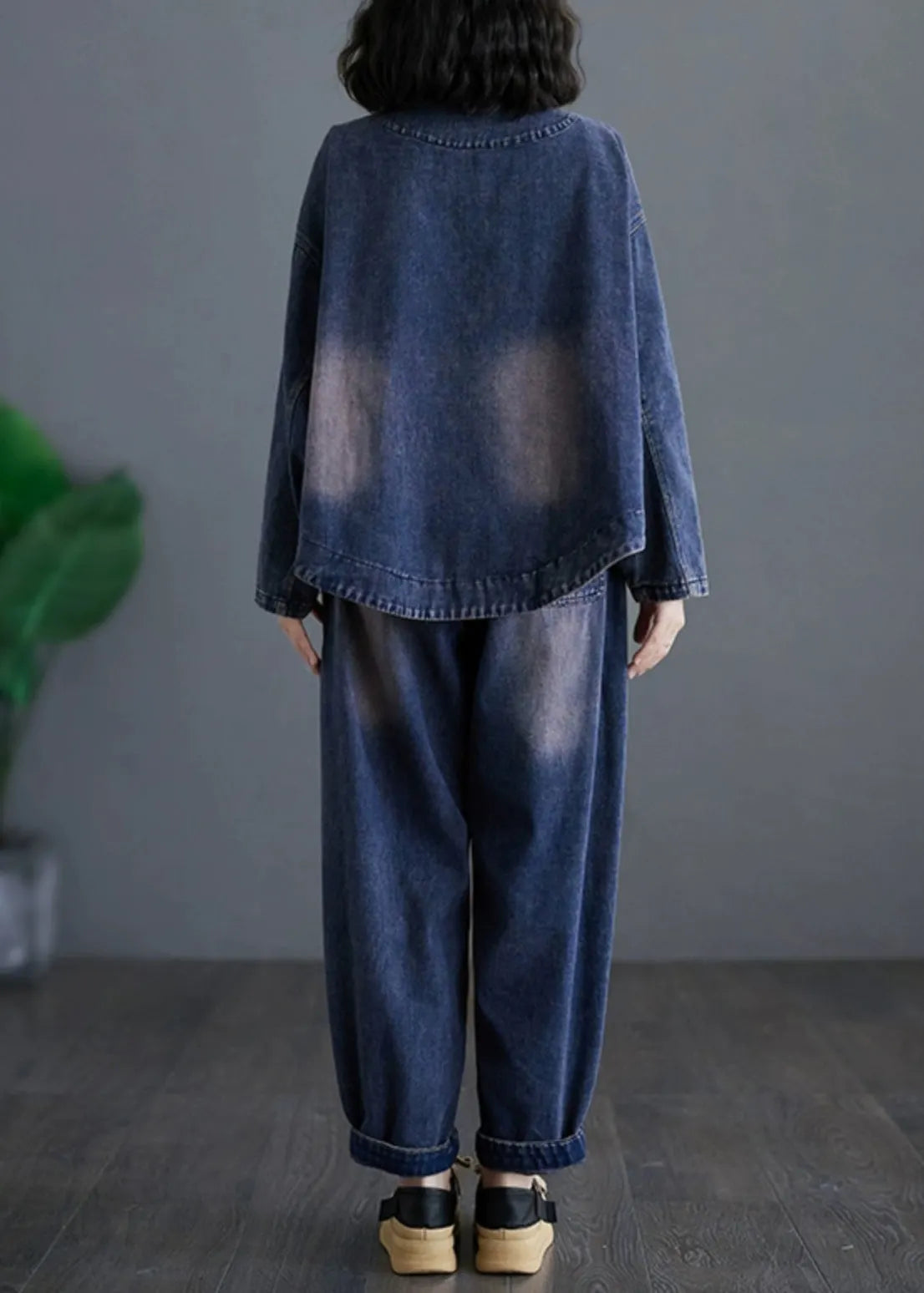 Navy V Neck Patchwork Denim Coats and Harem Pants Two Pieces Sets Long Sleeve