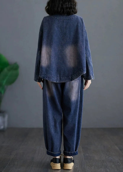 Navy V Neck Patchwork Denim Coats and Harem Pants Two Pieces Sets Long Sleeve