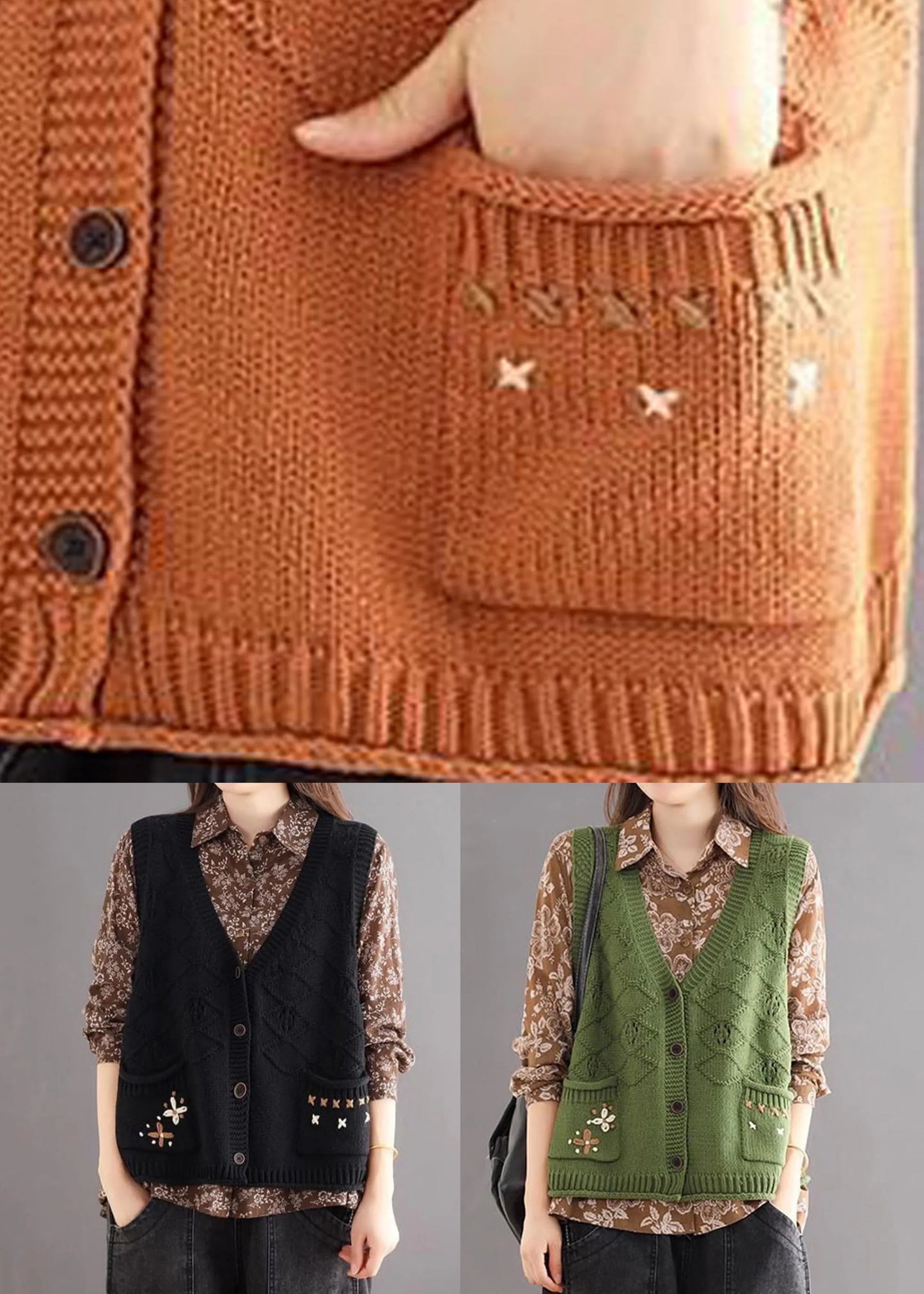Orange V Neck Button Pockets Cotton Knit Waistcoat Sleeveless