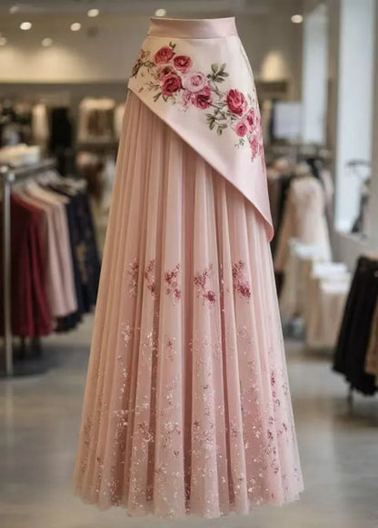Pink Print Wrinkled Tulle Patchwork Skirt Summer