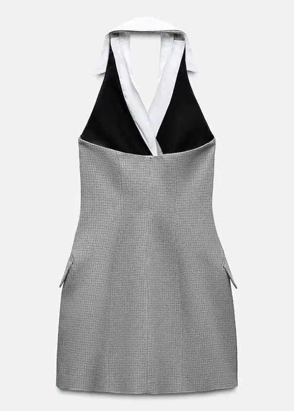 Stylish Grey Backless Double Breast Spandex Mini Dresses Sleeveless