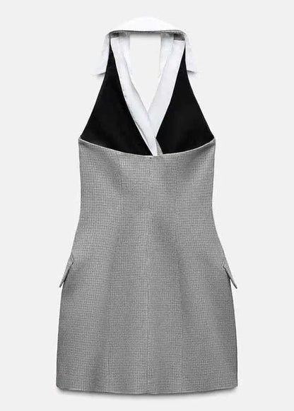 Stylish Grey Backless Double Breast Spandex Mini Dresses Sleeveless