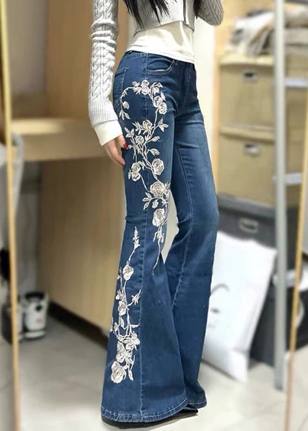 Blue Embroidered Pockets Denim Flared Trousers Spring