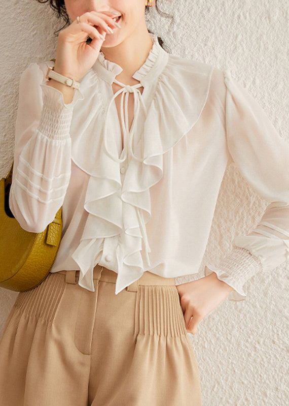 White Stand Collar Tie Lace Lantern Sleeve