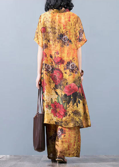 Yellow Loose Silk Long Tops and Wide Leg Pants Two Pieces Set Short Sleeve